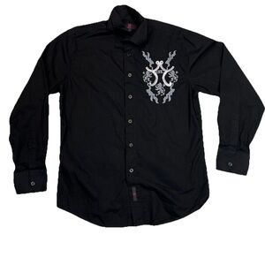 Black Embroidered Button Down Shirt Gothic Y2K Scroll Design Size L